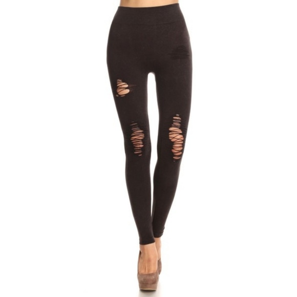 Pants - Lady's Distressed Vintage Washed Leggings Coffee